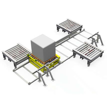 Поперечная рольганг-тележка используется для перемещения поддонов с продукцией между производственными линиями.