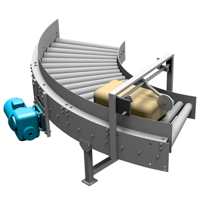 Поворотный рольганг используется в составе транспортной системы для изменения направления движения мешков с продукцией.